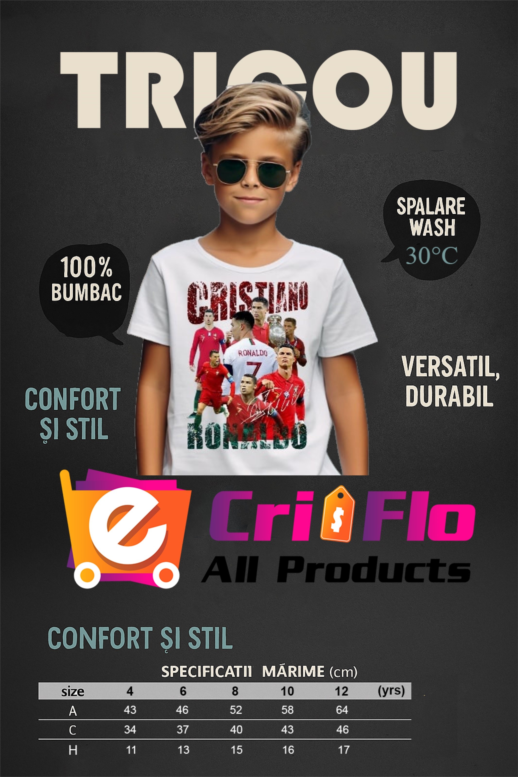 Tricou Ronaldo Copii prezinta tabelul de marimi pentru alegerea corecta a marimii